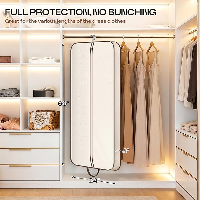 MISSLO 60" Foldable Garment Bags for Travel for Women Dress Bags for Gowns Long Hanging Bag for Closet Storage Dress Protector Bag for Gowns, Suits, Coats, Beige