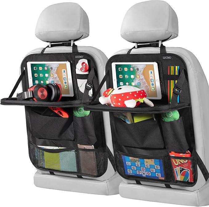 LUCMO Car Backseat Organizer with Touch Screen Tablet Holder, 9 Storage Pockets, Protectors Kick Mats, Travel Accessories (Black, 2 Pack with Food Tray)