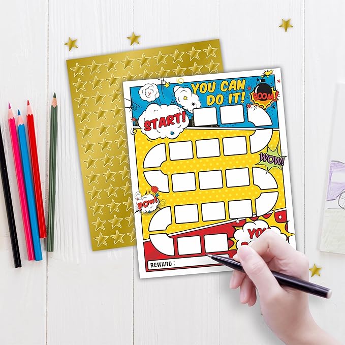 10 Reward Chart with 206 Golden Star Stickers-Comic Theme-Incentive Chart,Positive Behavior Reward Chart for Kids,Toddler Homework Assignments, Attendance(8"X10")-A02