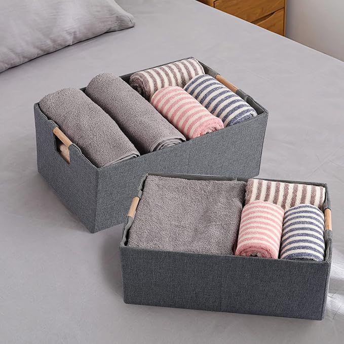 Fabric Storage Bin Box Foldable Cotton Linen Storage Basket with Wooden Handles Rectangular Cube Decorative Home Laundry Organizer Clothes Blanket Container - Grey, Small