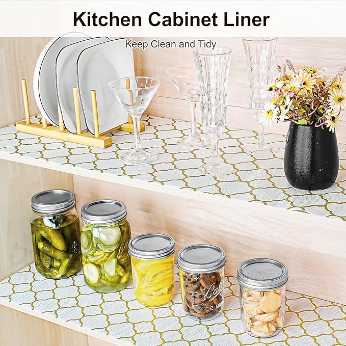 Drawer and Shelf Liner for Kitchen Cabinet,Non-Adhesive Cabinet Liner 24in x 30FT,Waterproof Shelf Paper Non-Slip Mats Cupboard Liners Contact Protect Dresser/Shelves/Table-Golden Lantern