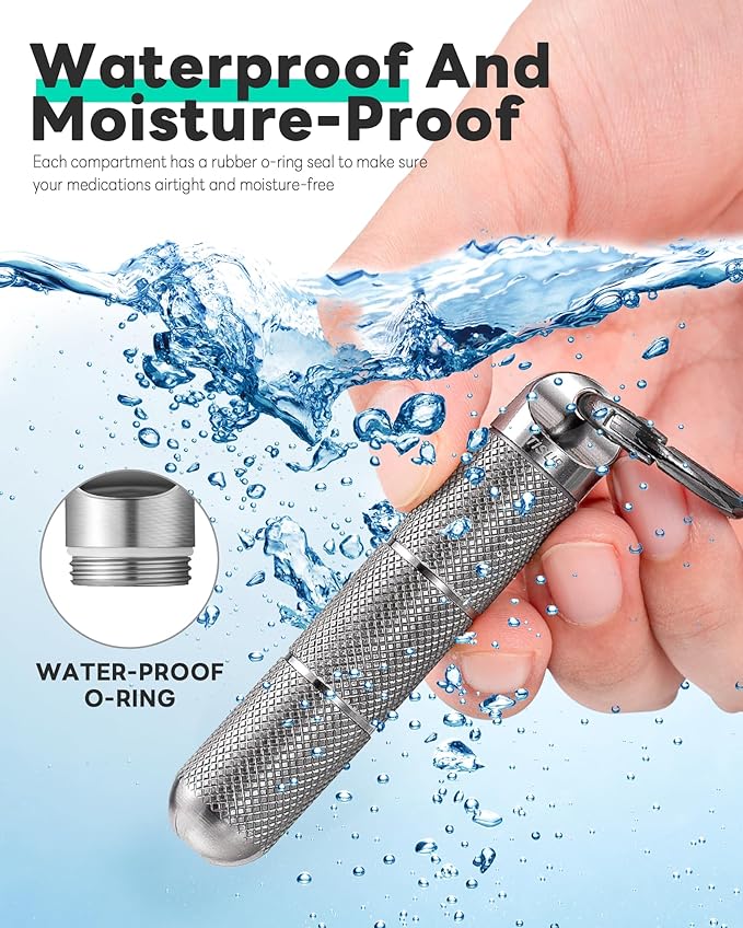 TISUR Titanium Keychain Pill Holder Small Metal Pill Case, Pill Organizer Portable Waterproof Pill Container, Travel Pill Bottle Box for Purse (Large-0.63in 3 Separate Compartments)