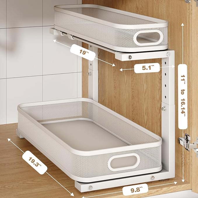 Biboraya 2 Pack 19.3IN-Depth Under Sink Organizer with Smooth Cylindrical Rail, 2-Tier Pull Out Multi-Purpose Cabinet Storage for Bathroom & Kitchen, Height Adjustable, Rust-Resistant Coating - White