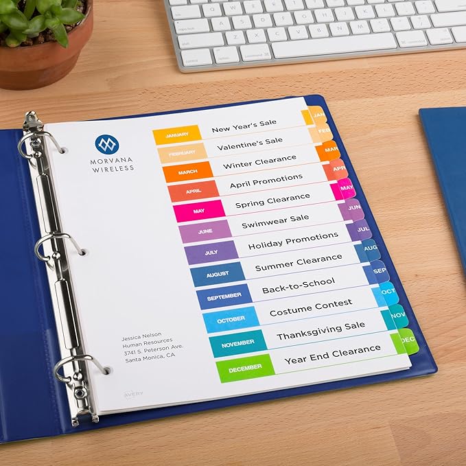 Avery Jan-Dec Dividers for 3 Ring Binders, 12 Tabs per Set, Customizable Table of Contents, Multicolor Tabs, Great for Organizing Reports, Projects, and More (3 Sets of 44128)