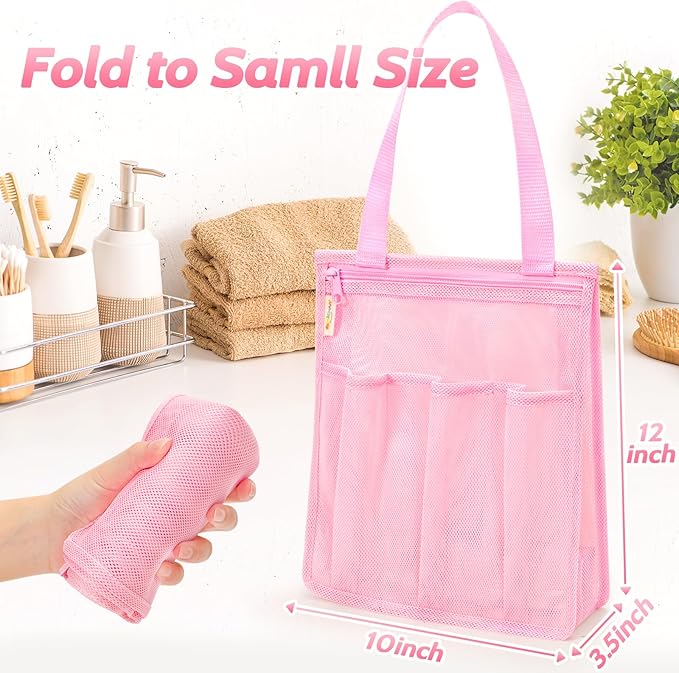 Mesh Shower Caddy Portable, Gym Travel Camp Dorm Room Essentials for Women and College Girls, Pink Bathroom Shower Bag