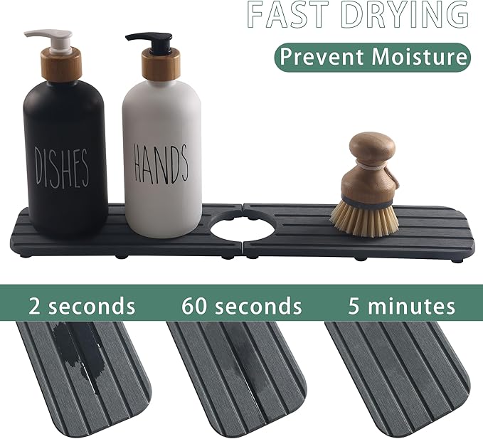 17inch x 4inch Kitchen Sink Faucet Mat, Water Absorbing Stone Faucet Splash Guard for Bathroom Counter, Quick Drying Diatomite Tray for Kitchen Sink, Dark Gray