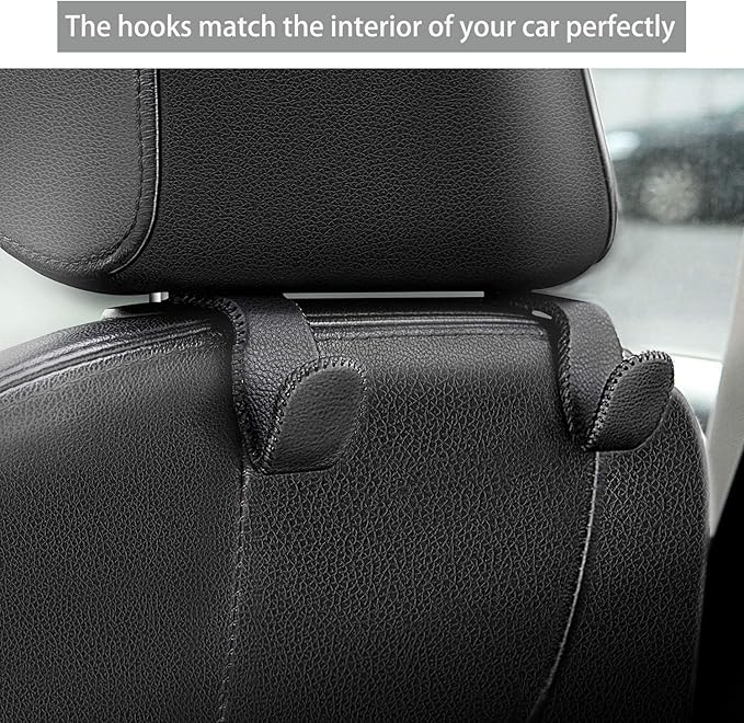 AMVOYOA Headrest Hooks for Car, Back Seat Organizer Gray Leather Hanger Holder Hook, for Hanging Purses and Bags and Coats, Pack of 2