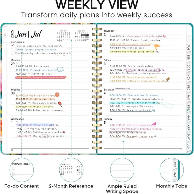 Academic Planner 2026-2027, Weekly and Monthly Calendar Book, July 2026 – June 2027, Hardcover Planner with Tabs, Perfect for Teachers, Students, Women & Men, A5 (6.4" x 8.5") - Oil