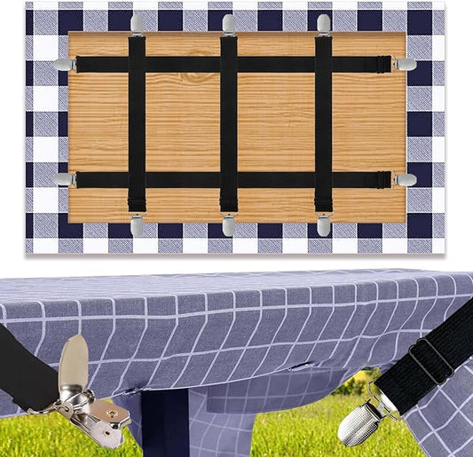 Tablecloth Clips for Outdoor Thick Tables Hidden Strap 5 Pack, Adjustable Elasticity Picnic Table Cloth Holder Clip Large Clamp for Bench Cover Party Restaurant Camping RV Essential Accessory Black