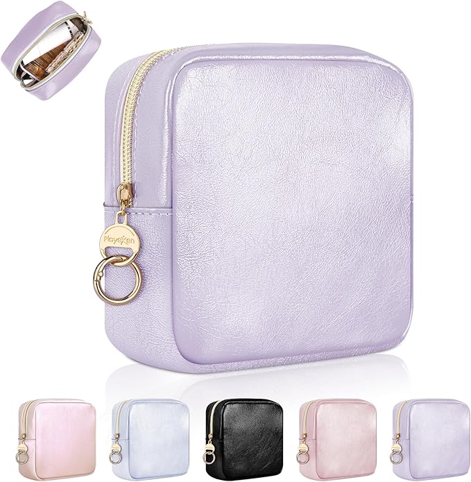 4.9" Small Makeup Bag for Purse, PU Leather Mini Cosmetic Bag, Portable Small Makeup Organizer Travel Toiletry Pouches for Women, Birthday/Wedding/Christmas Gifts (Purple)