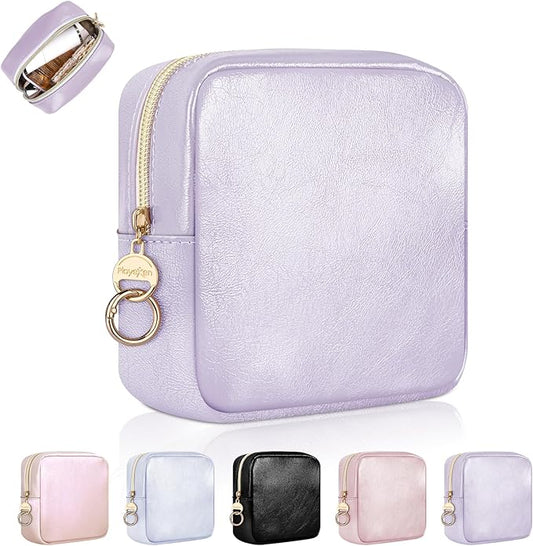 4.9" Small Makeup Bag for Purse, PU Leather Mini Cosmetic Bag, Portable Small Makeup Organizer Travel Toiletry Pouches for Women, Birthday/Wedding/Christmas Gifts (Purple)