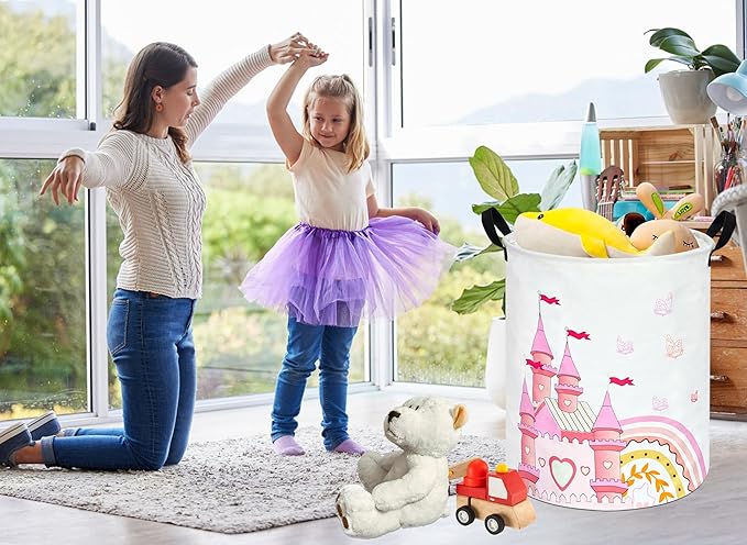 Kids Hamper Pink Castle Storage Bins Organizer Toy Box Laundry Basket Large Canvas Collapsible Chest for Home/Dorm/Kitchen/Pet/Office/Closet/Shelf/Gift Baskets