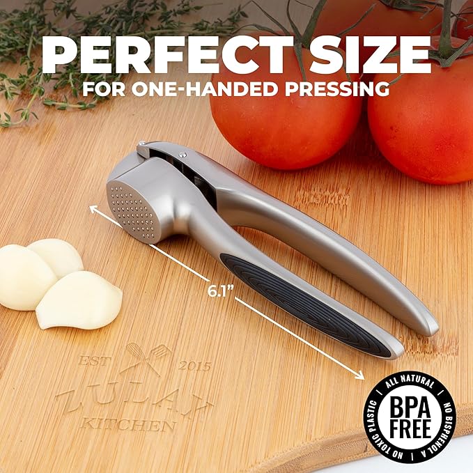 Zulay Kitchen Premium Garlic Press Set – Rust Proof & Dishwasher Safe Garlic Mincer Tool with Silicone Garlic Peeler & Brush, Easy Squeeze & Clean, Ergonomic Soft Grip Handle - Medium – Silver