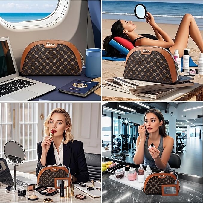 BOYATU Small Travel Makeup Bag for Women: Elegant Vegan Leather Cosmetic Pouch for Purse - Waterproof Toiletry Bag with Mirror (010-coffee)