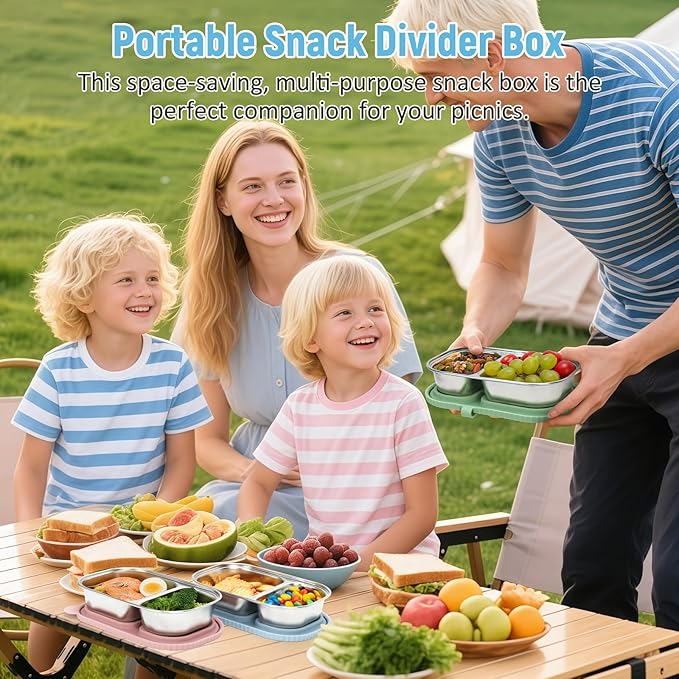 3 Pack Stainless Steel Snack Containers, 2 Compartment Snack Containers with Leakproof Silicone Lids, Divided Meal Prep Lunch Box Food Container for Travel, Outdoor, Camping (15.84 OZ)