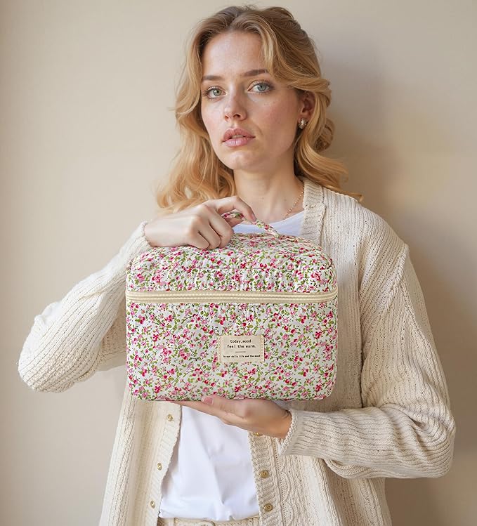 HBselect Quilted Makeup Bag, 3PCS Cotton Large Travel Makeup Bag, Cute Floral Coquette Make up Bag Cosmetic Bag Toiletry Bag for Women Girls