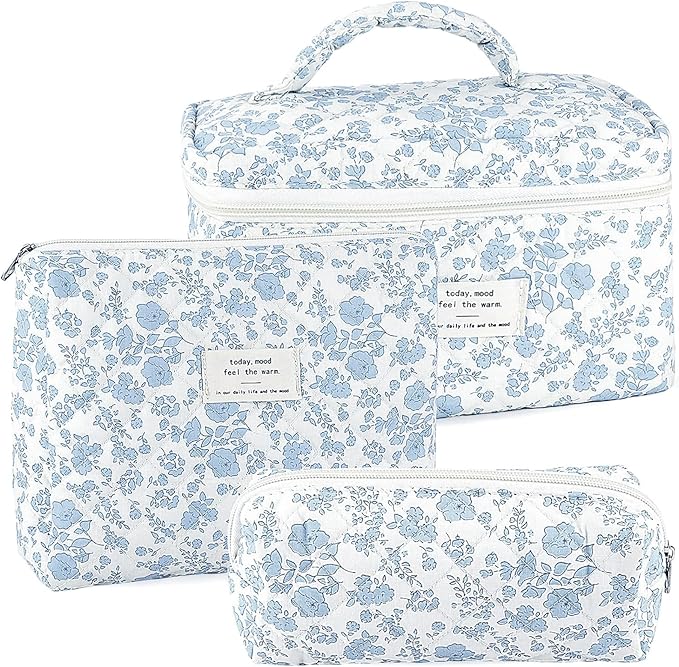 3Pcs Makeup Bag Quilted Cosmetic Bag Set Bow Travel Large Makeup Pouch for Women Cute Portable Cotton Toiletry Bag Skincare Organizer Coquette Vintage Travel Essential