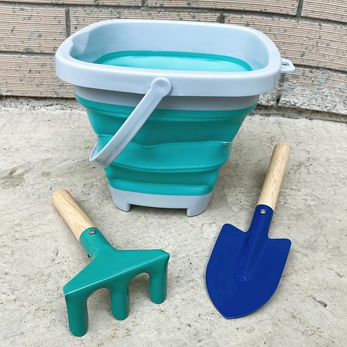 3 Pieces Collapsible Beach Bucket for Kid Toddler,Toddler Outdoor Toys Shovel and Rake Made of Metal for Kids Beach Travel