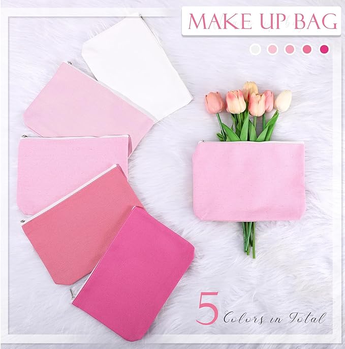 Reginary 10 Pcs Valentine's Canvas Makeup Bags Bulk for Women, Travel Toiletry Cosmetics Bags, Blank DIY Pencil Pouch, Gift for Valentine's Day, Patrick's Day, Wedding, Bridal Shower, Coworker (Pink)