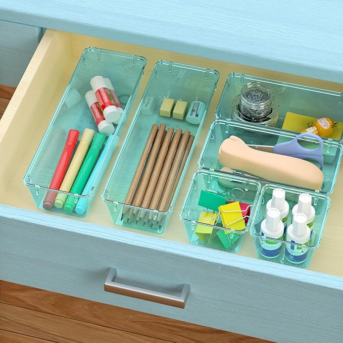 WOWBOX 9 Pack Clear Drawer Organizer Set, Acrylic Drawer Storage Trays, Storage Bins for Makeup, Cosmetics, Jewelries, Utensils, Gadgets, Office, Sea Blue