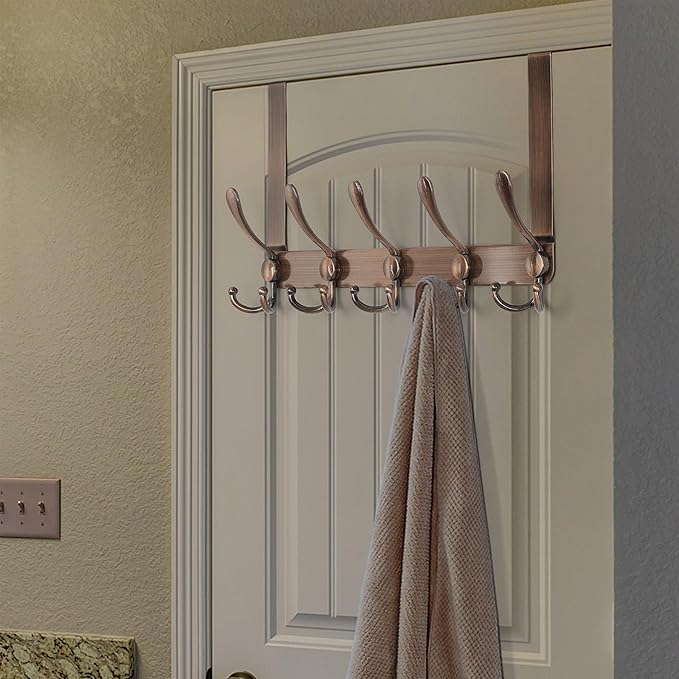 Dseap Over The Door Hook Hanger - Fits 1 3/8" to 1 3/4" Standard Doors | 5 Tri Hooks Heavy Duty Towel/Coat Rack | Door Organizer for Clothes, Jackets, Hats, Towels, Antique Copper