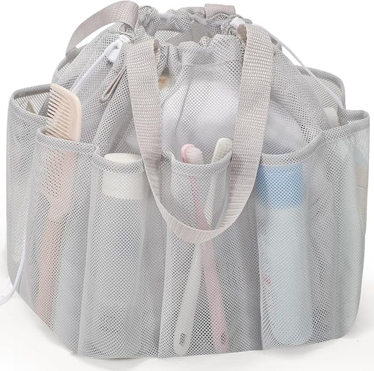 Mesh Shower Caddy Portable with Drawstring, Dorm Room Essentials for College Students, Grey Shower Bag for Camping, Swimming, Gym, Travel, Bathroom