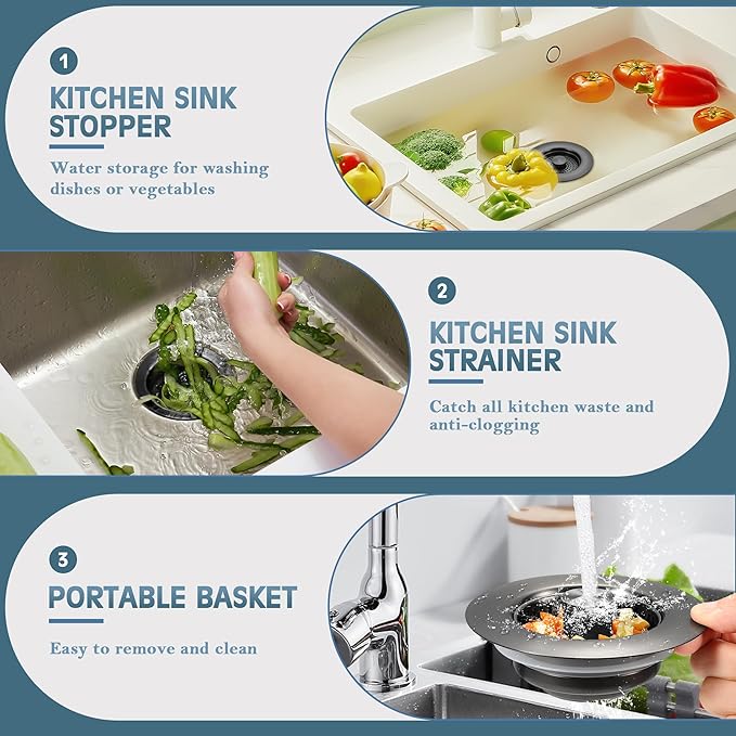 Kitchen Sink Drain Strainer 3 in 1, 304 Stainless Steel Pop Up Sink Stopper, Anti-Clogging Sink Drain Strainer for US Standard Kitchen Drain (Gunmetal Gray)
