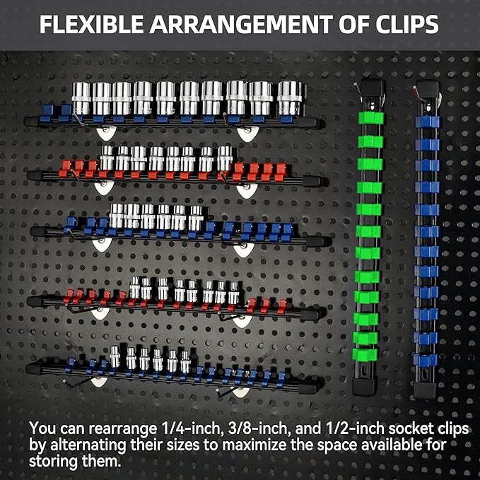 18-Piece Socket Organizer Set - 1/4-Inch x 96 Clips, 3/8-Inch x 90 Clips, 1/2-Inch x 72 Clips, Heavy Duty ABS Socket Holder, Premium Quality Socket Clip Rail Holder for Tool Box Drawer