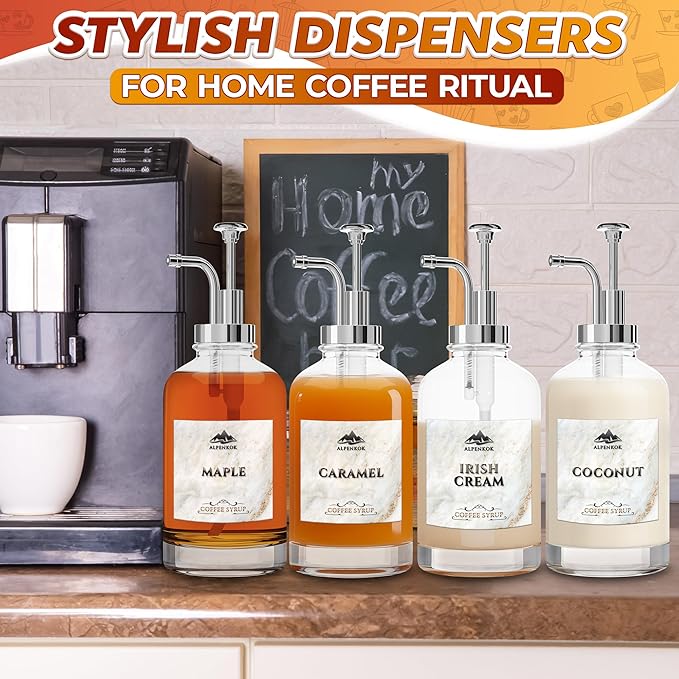 Set of 4 Glass Syrup Bottle with Pump 16.9oz 500 ml – Thick Glass Syrup Dispenser with 18 Marked Labels, Leak-Proof, Easy Cleaning – Coffee Bar Essentials for Home | Event Ready (Silver Pumps)