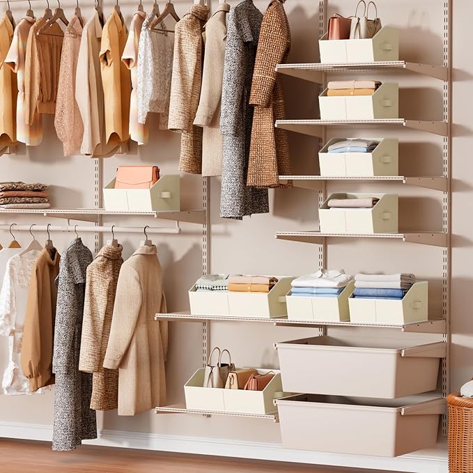 Storage Bins for Shelves - Small Trapezoid Closet Shelf Organizer, Fabric Organization Bins with Handles, Storage Baskets for Clothes, Towel, Purse, 6 Pack, Beige