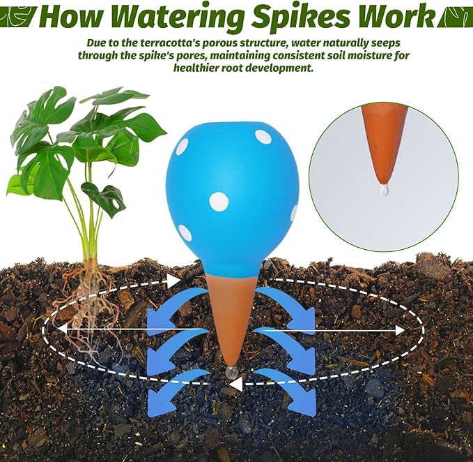 Terracotta Self Watering Spikes, 4 Pack Watering Globes for Indoor Outdoor Plants, Slow Release Plant Self Watering Planter Insert Devices for Travel, Vacation, Garden Care, Cute Small Ball Shape