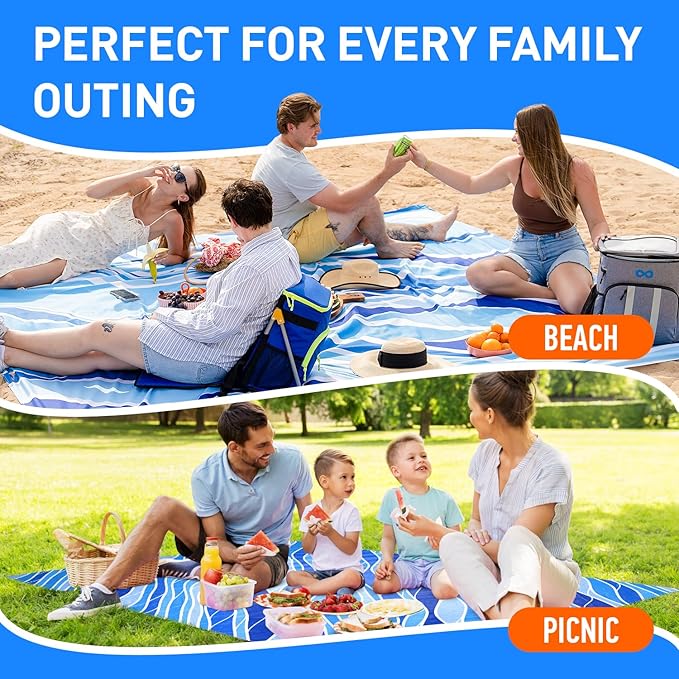 Everlasting Comfort Large Beach Blanket Waterproof & Sandproof - 80" x 80"/ 6.7ft x 6.7ft - Lightweight Picnic Mat, Camping Necessities for 4 People - Accessories for Outdoor Festivals - Blue