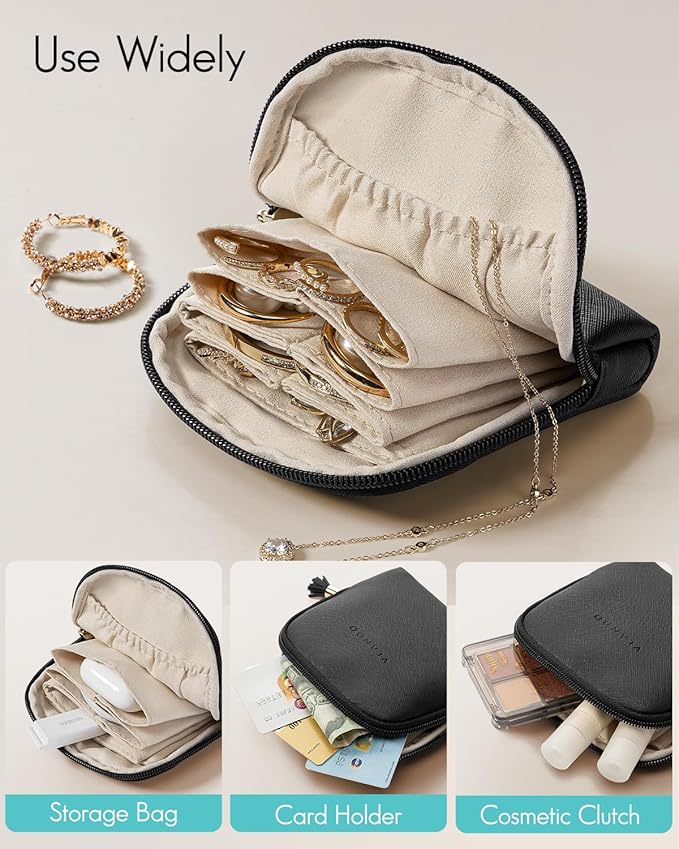 Vlando Small Jewelry Travel Case, Jewelry Pouch Bags with Zipper, Velvet Jewelry Organizer Storage Bag for Bracelet Rings Earring Travel Essentials Gifts for Women Girl - Black