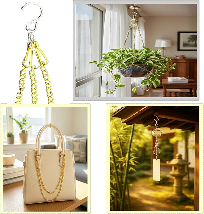 10 Pcs Fine Hanging Chain(1.2mm Dia.) Small Hang Bracket Decorative Replacement Link Chains Hooks for Sign Planter Bird Feeders,6 inch Long Gold Metal Chains and 5 Pcs Swivel S-Hooks