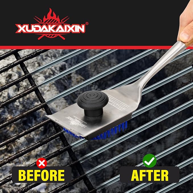 XUDAKAIXIN Grill Brush and Scraper, Dual Grip Design, Extra Strong BBQ Cleaner Accessories, Safe Nylon Bristles Barbecue Triple Scrubbers Cleaning Brush for Cast Iron Grates/Porcelain/Charcoal Grill