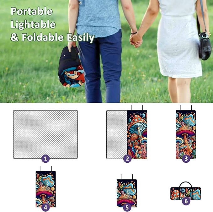 Mushroom Picnic Blankets Waterproof Foldable Picnic Outdoor Blanket 80"x 80" Picnic Mat 3-Layer Thicking Outdoor Foldable Blankets Sandproof Lightweight Beach Blankets with Strap Machine Washable