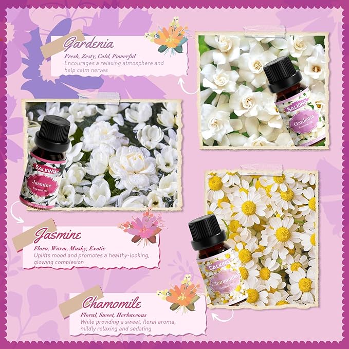 SALKING Floral Essential Oils Set, Premium Pure and Natural Essential Oils, Fragrance Oil Scented Oils for Oil Diffusers 6 x 10 ML - Lavender, Rose, Jasmine, Cherry Blossom, Gardenia, Chamomile