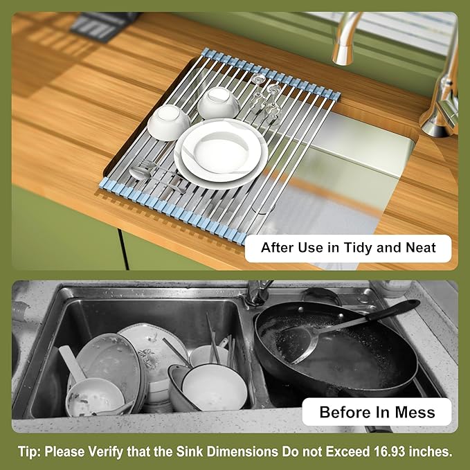 Roll Up Dish Drying Rack Over Sink Silicone Wrapped 304 Square Stainless Steel Dish Drainer Sink Counter Kitchen Home RV Essentials Foldable Sink Organizer,16.93" L×12.91" W,Grey