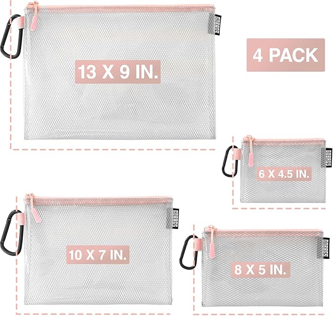 GOBAGS Air Production Multi‑Size Clear Zipper Pouch (4‑Pack) – Cable Organizer & Travel Gear Bag for Electronics, Camera Accessories, Tool Pouch & Small Tech Storage (Pink)