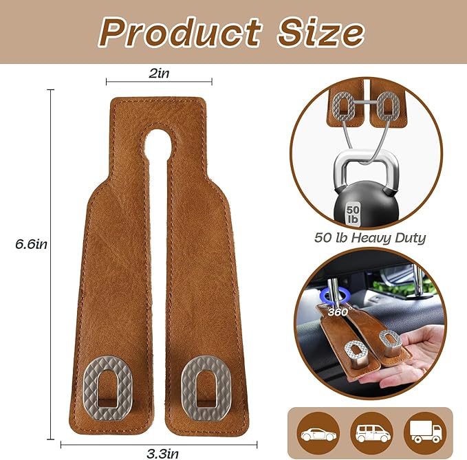 Car Headrest Hooks, Universal Car Purse Hook, Premium Leather and Alloy Twin Hook, Car Seat Back Storage Hanger Hook for Purse Bags Cloth Drink, Durable Holder Car Accessories (BH09-Brown-Silver-4 Pcs)