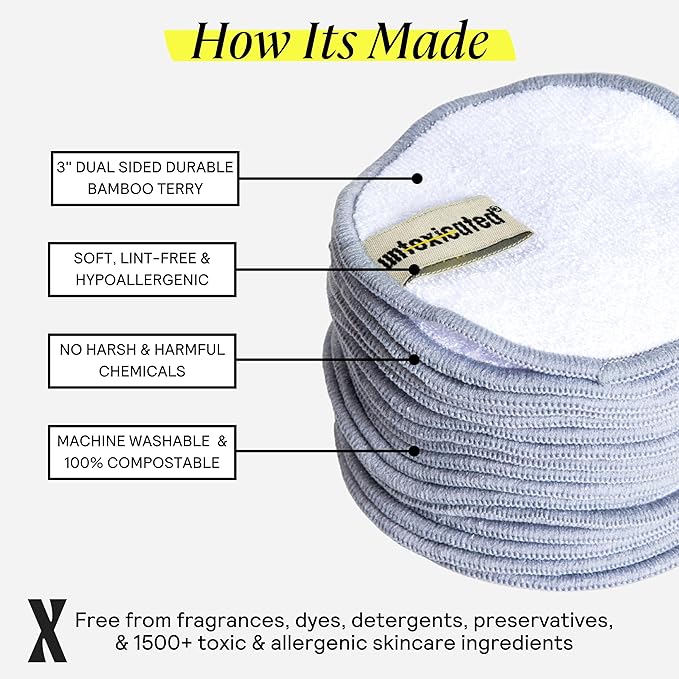 Untoxicated Ultra Soft Cleansing Pads - Double-Layered Reusable Bamboo Terry Rounds - Makeup Removal & Skincare for Sensitive Skin - Soft & Durable - Includes Washable Storage Bag - 10CT