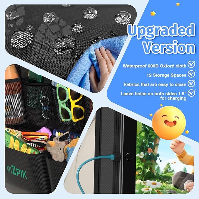 Car Backseat Organizer with Tablet Holder, 11 Storage Pockets with Foldable Food Tray, Protector Kick Mats for Kids, Travel Accessories Organizer (Black, 2-Pack)