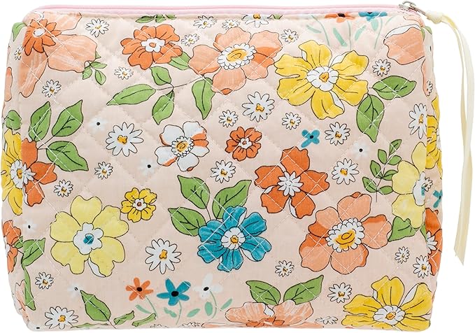 PAZIMIIK Quilted Makeup Bag Large Travel Zipper Soft Cosmetic Pouch for Women Girls Makeup, Floral Orange
