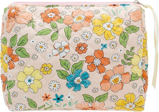 PAZIMIIK Quilted Makeup Bag Large Travel Zipper Soft Cosmetic Pouch for Women Girls Makeup, Floral Orange