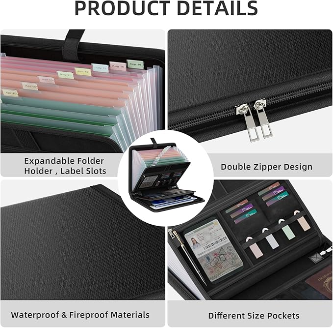 Fireproof Accordion File Organizer, Portable Expanding File Folder with Waterproof Zipper&Labels, Black Document Organizer with 13 Pockets, File Organizer for Important Document/Paper Storage