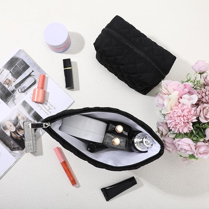 2 Pcs Pencil Case Quilted Makeup Bag Aesthetic Cosmetic Pouch for Women Puffer Travel Toiletry Bag Set Cotton Small Purse Pouch Makeup Organizer with Zipper(Black)