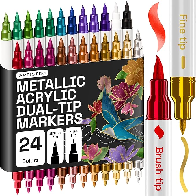 ARTISTRO 24 Metallic Acrylic Paint Markers - Paint Pens for Drawing, Brush + Fine Tips - For Fabric, Rock, Glass, Wood, DIY - Art & Craft Supplies for Adults, Teens, Kids - Teacher Appreciation Gift
