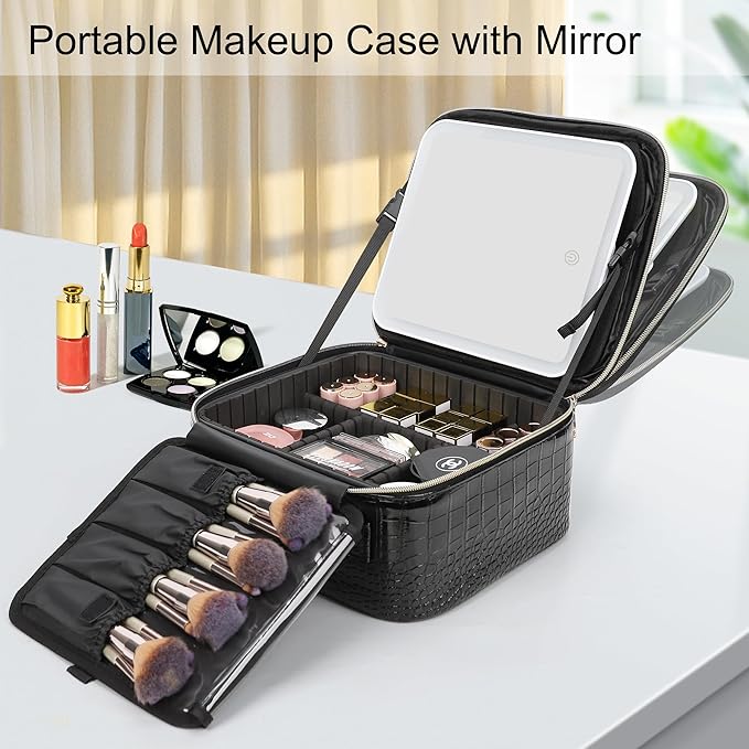 Relavel Makeup Train Case With LED Mirror, Professional Travel Cosmetic Bag with Removable Partitions, Compact Makeup Organizer, Waterproof Toiletry Case for Women, Black