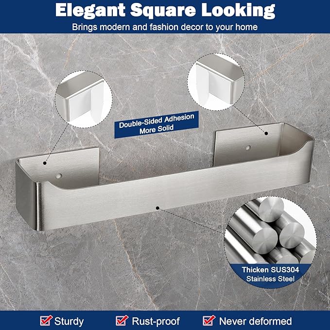 NearMoon Self Adhesive Hand Towel Holder/Towel Ring, Stainless Steel Hand Towel Bar Rustproof Stick on Wall-Towel Rack for Bathroom/Kitchen, Square Sticky and Wall Mounted (12 Inch, Brushed Nickel)