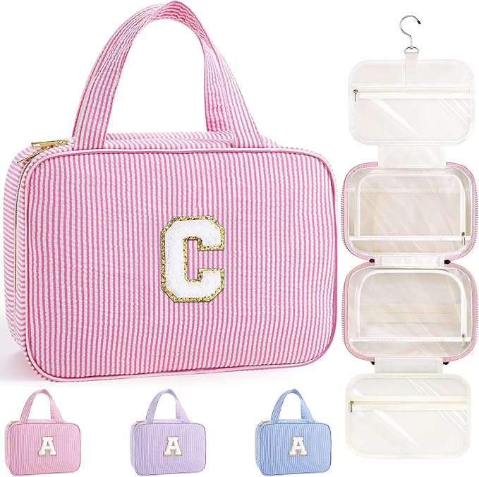 TOPEAST Stocking Stuffers for Teen Girls Christmas Gifts - Travel Hanging Toiletry Bag, Personalized Initial Toiletry Pouch, Gifts for Mom Daughter Sister Friends, Letter C, Pink